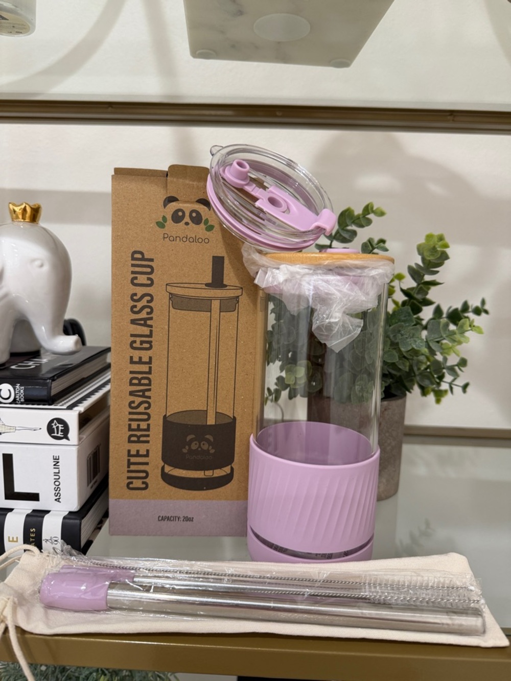 Reusable Glass Cup with Lilac Silicone Sleeve and Straw Set
